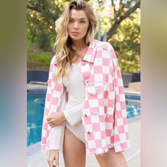 POL Jackets & Blazers - NWOT Pol barbie pink & white checkered boho y2k Shacket Sz S